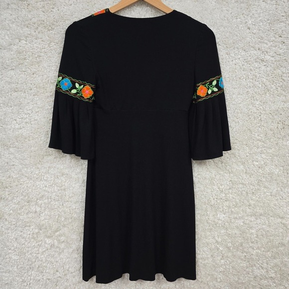 Cache Dress Womens Medium Black Short Bell Sleeve Embroidered Boho Festival - Picture 8 of 14